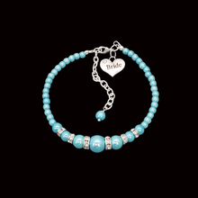 Load image into Gallery viewer, Bride Jewelry - Bride Gift Ideas - Bride Gift, handmade bride pearl and crystal charm bracelet, aquamarine blue or custom color