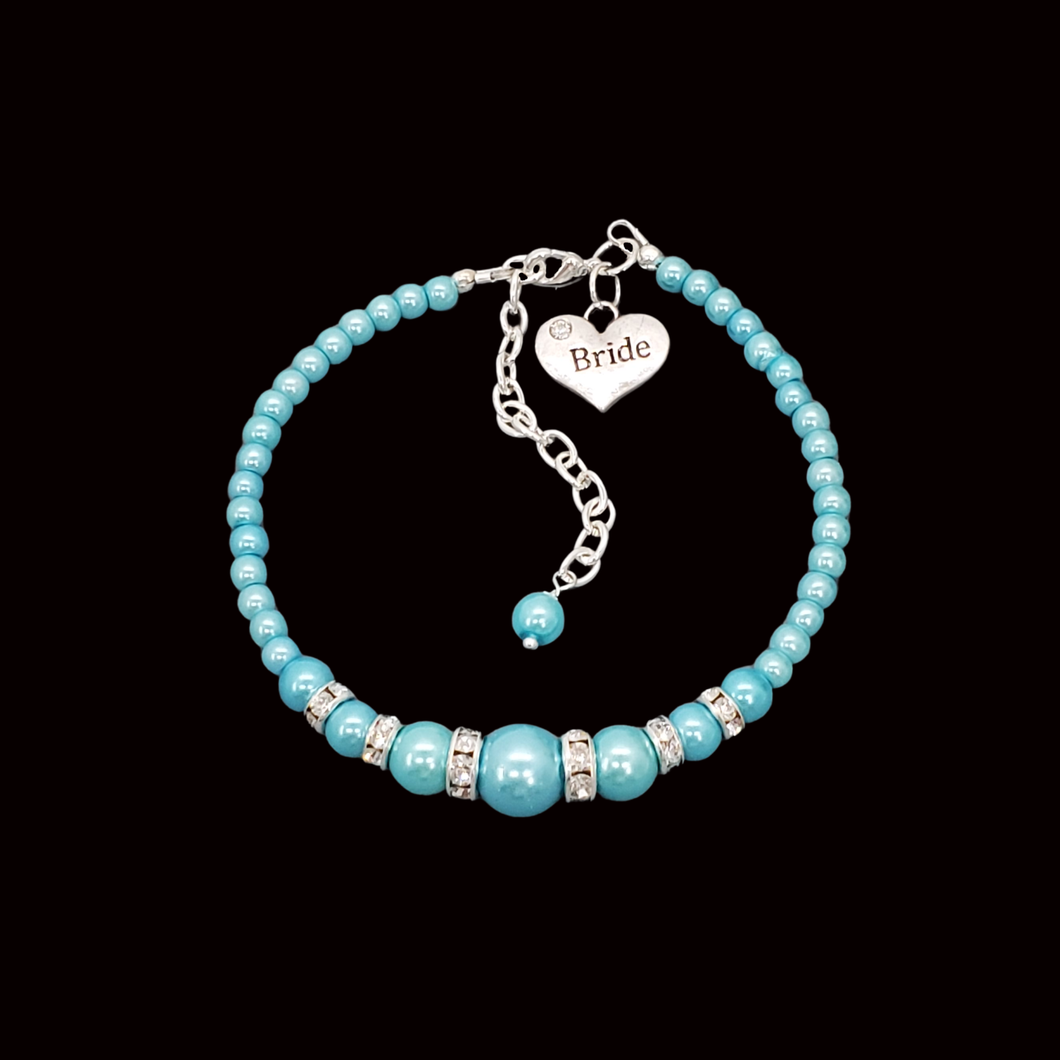 Bride Jewelry - Bride Gift Ideas - Bride Gift, handmade bride pearl and crystal charm bracelet, aquamarine blue or custom color