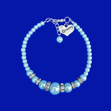 Load image into Gallery viewer, Great Granny Gifts - Granny Present - Granny Gift - handmade granny pearl and crystal charm bracelet, light blue or custom color