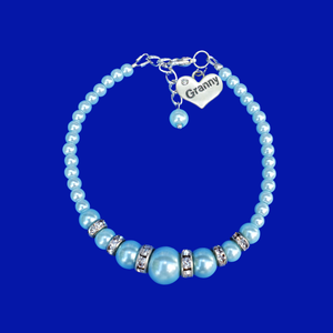 Great Granny Gifts - Granny Present - Granny Gift - handmade granny pearl and crystal charm bracelet, light blue or custom color