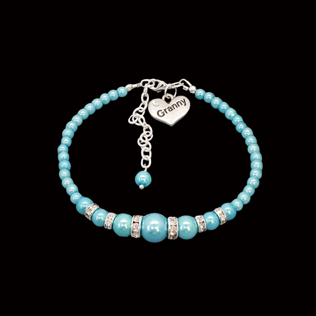 Great Granny Gifts - Granny Present - Granny Gift - handmade granny pearl and crystal charm bracelet, aquamarine blue or custom color