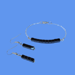 Bridal Sets - Bracelet Sets - Jewelry Set, handmade hematite dainty bar bracelet accompanied by a matching pair of drop earrings