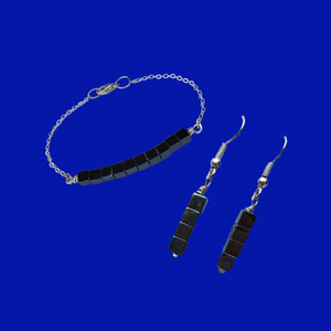 Bridal Sets - Bracelet Sets - Jewelry Set, handmade hematite dainty bar bracelet accompanied by a matching pair of drop earrings