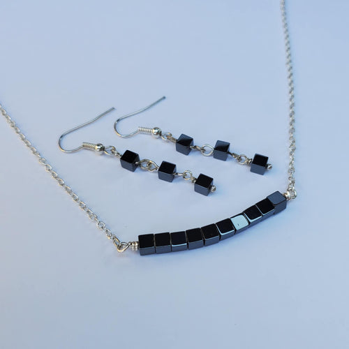 A handmade hematite bar necklace accompanied by a pair of drop earrings - Necklace And Earring Set - EMF Protection - Jewelry Set