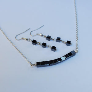 A handmade hematite bar necklace accompanied by a pair of drop earrings - Necklace And Earring Set - EMF Protection - Jewelry Set