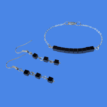 Load image into Gallery viewer, Hematite Jewelry - Healing Jewelry - Bracelet Sets - dainty hematite bar bracelet accompanied by a pair of drop earrings, black or gold