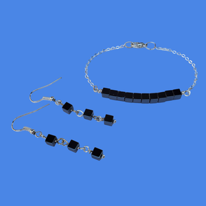 Hematite Jewelry - Healing Jewelry - Bracelet Sets - dainty hematite bar bracelet accompanied by a pair of drop earrings, black or gold