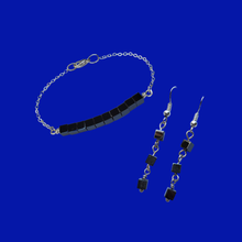 Load image into Gallery viewer, Hematite Jewelry - Healing Jewelry - Bracelet Sets - Handmade dainty hematite bar bracelet accompanied by a pair of drop earrings