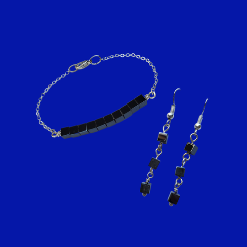 Hematite Jewelry - Healing Jewelry - Bracelet Sets - Handmade dainty hematite bar bracelet accompanied by a pair of drop earrings