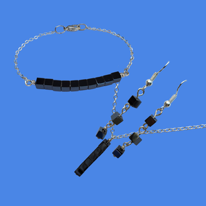handmade hematite drop necklace accompanied by a bar bracelet and a pair of drop earrings - Jewelry sets - Hematite Jewelry - Gifts For Her