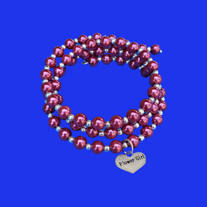 Bridal Gift Ideas - Flower Girl Gift - Handmade Flower Girl Silver Accented Pearl Expandable Multi-Layer Wrap Charm Bracelet, bordeaux red or custom color