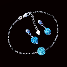 Load image into Gallery viewer, handmade floating crystal bracelet accompanied by a pair of earrings, aquamarine blue or custom color
