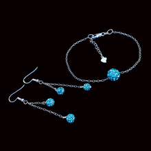 Load image into Gallery viewer, Bracelet Sets - Earring Sets - Bridal Jewelry Set, handmade floating crystal bracelet accompanied by a pair of matching multi-strand drop earrings, blue or custom color