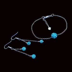 Bracelet Sets - Earring Sets - Bridal Jewelry Set, handmade floating crystal bracelet accompanied by a pair of matching multi-strand drop earrings, blue or custom color