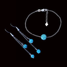 Load image into Gallery viewer, Bracelet Sets - Earring Sets - Bridal Jewelry Set, handmade floating crystal bracelet accompanied by a pair of matching multi-strand drop earrings, blue or custom color