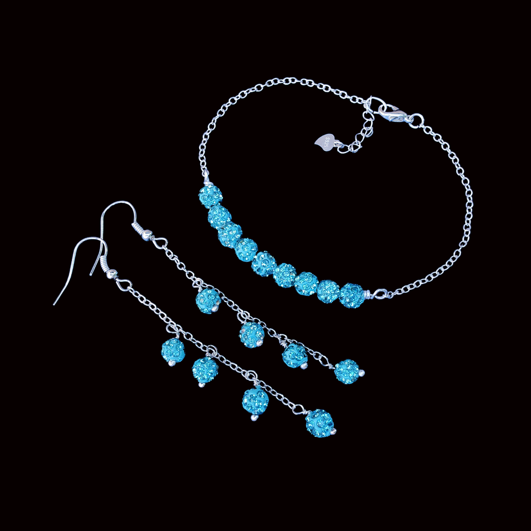 handmade sparkling crystal bar bracelet accompanied by a pair and drop earrings, aquamarine blue or custom color - Bracelet Sets - Bridal Jewellery Set - Bridesmaid Gift