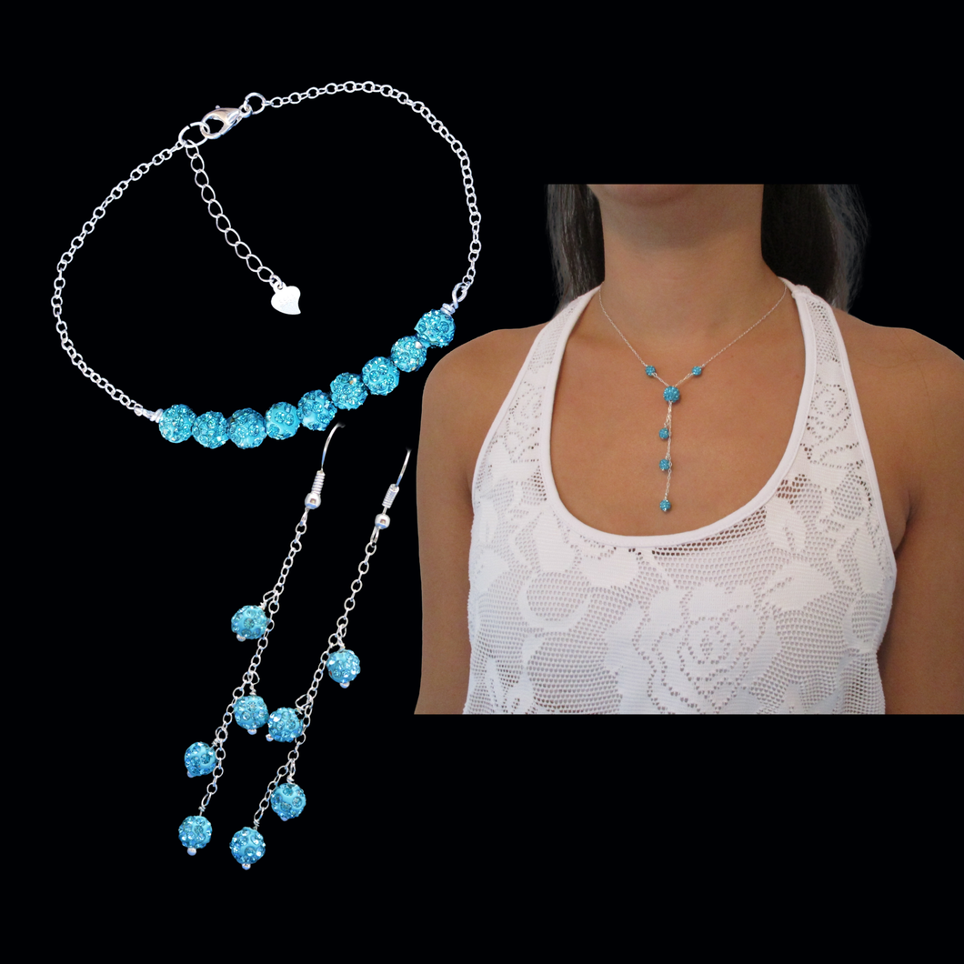 crystal drop necklace accompanied by a bar bracelet and a pair of drop earrings, aquamarine blue or custom color - Bridesmaid Jewelry - Jewelry Sets - Necklace Set