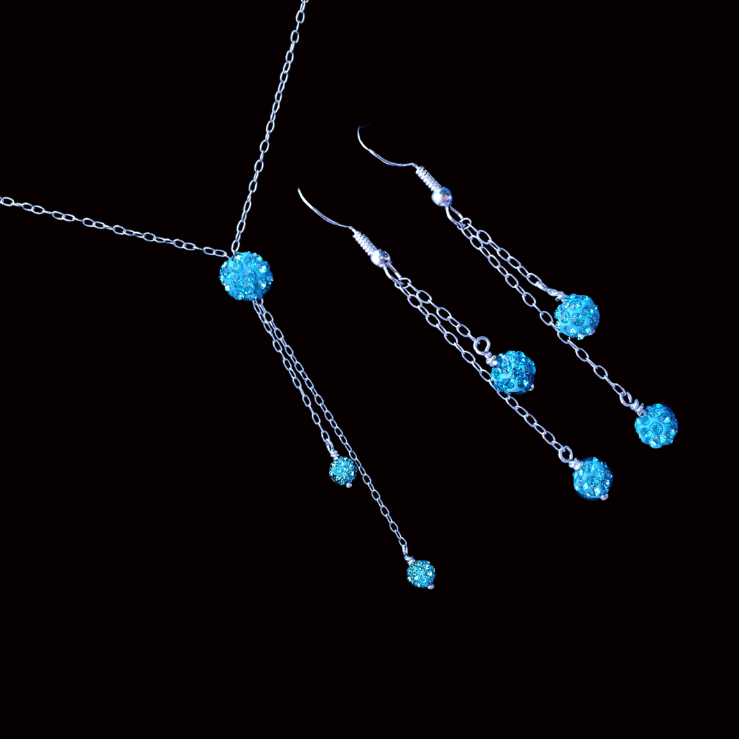 handmade crystal drop necklace accompanied by a matching pair of multi-strand drop earrings, aquamarine blue or custom color