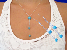 Load image into Gallery viewer, handmade crystal drop necklace accompanied by a matching pair of multi-strand drop earrings, blue or custom color