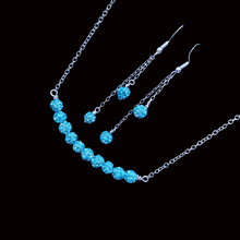 Load image into Gallery viewer, Necklace Set - Wedding Sets - Necklace And Earring Set, handmade crystal bar necklace accompanied by a matching bracelet and a pair of multi-strand drop earrings, aquamarine blue or custom color