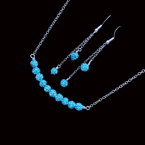 Necklace Set - Wedding Sets - Necklace And Earring Set, handmade crystal bar necklace accompanied by a matching bracelet and a pair of multi-strand drop earrings, aquamarine blue or custom color