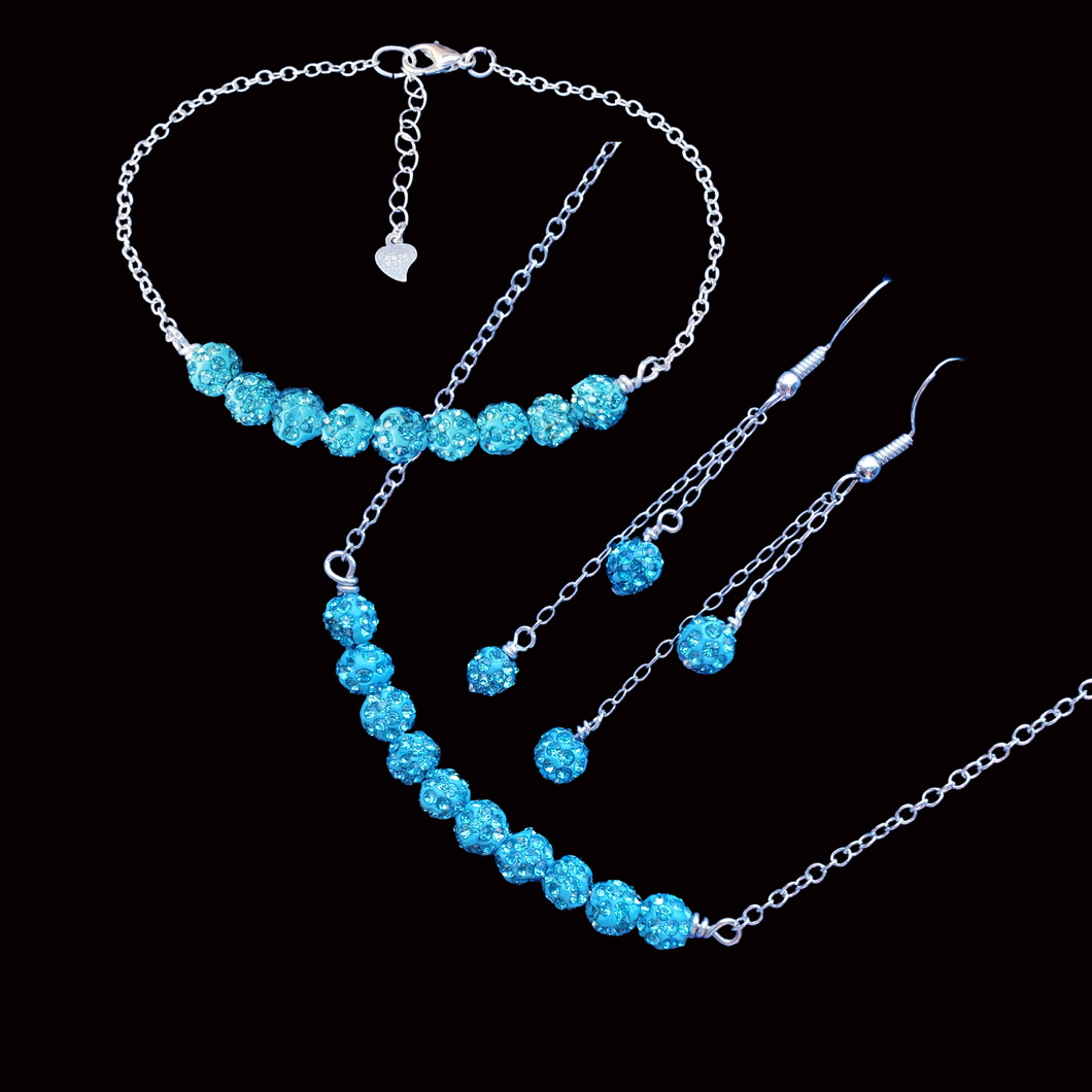 crystal bar necklace bar bracelet multi strand drop earring jewelry set, aquamarine blue or custom color