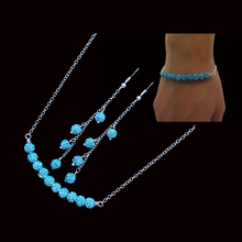 Load image into Gallery viewer, Pave Crystal Rhinestone Bar Necklace Bar Bracelet Drop Earring Jewelry Set, Aquamarine Blue or custom color