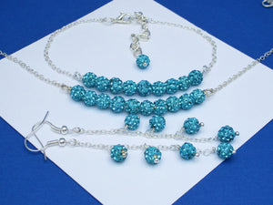 Pave Crystal Rhinestone Bar Necklace Bar Bracelet Drop Earring Jewelry Set, Aquamarine Blue or custom color