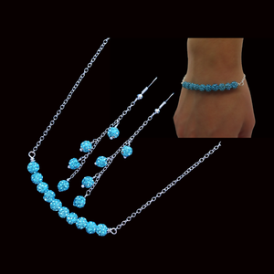 Pave Crystal Rhinestone Bar Necklace Bar Bracelet Drop Earring Jewelry Set, Aquamarine Blue or custom color