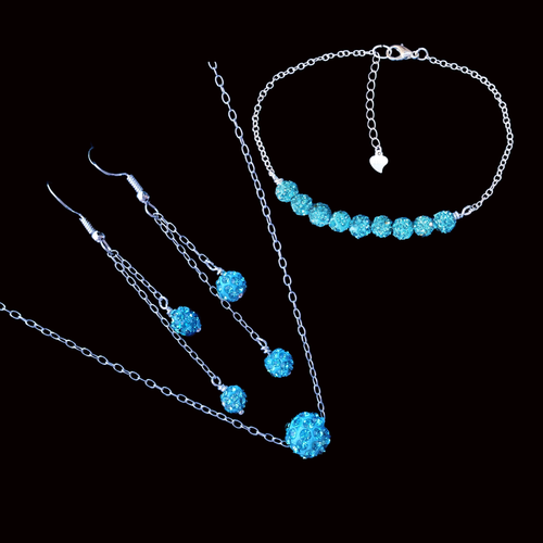 handmade floating crystal necklace accompanied by a bar bracelet and a pair of multi-strand drop earrings, aquamarine blue or custom color