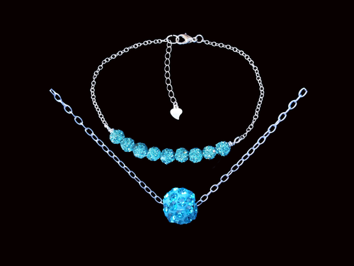 handmade floating crystal necklace accompanied by a bar bracelet, blue or custom color