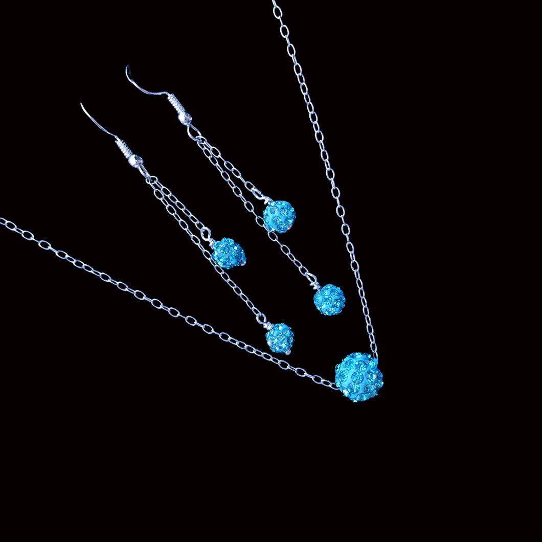Bridal Jewellery Set - Necklace And Earring Set - handmade floating crystal necklace accompanied by a pair of multi-strand drop earrings, aquamarine blue or custom color