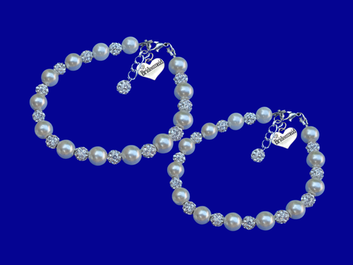 set of 2 handmade bridesmaid crystal pearl charm bracelets, ivory and silver or custom color