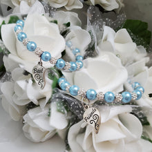 Load image into Gallery viewer, Handmade set of 2 best friends pearl and crystal charm bracelets - light blue or custom color - BFF Bracelet - Friend Bracelet - Best Friend Gift