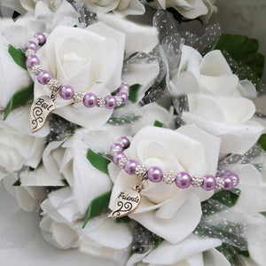 Handmade set of 2 best friends pearl and crystal charm bracelets - lavender purple or custom color - BFF Bracelet - Friend Bracelet - Best Friend Gift