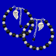 Load image into Gallery viewer, Handmade set of 2 best friends pearl and crystal charm bracelets - black or custom color - BFF Bracelet - Friend Bracelet - Best Friend Gift