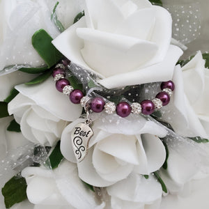Handmade set of 2 best friends pearl and crystal charm bracelets - burgundy red (plum) or custom color - BFF Bracelet - Friend Bracelet - Best Friend Gift