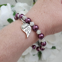 Load image into Gallery viewer, Handmade set of 2 best friends pearl and crystal charm bracelets - burgundy red (plum) or custom color - BFF Bracelet - Friend Bracelet - Best Friend Gift