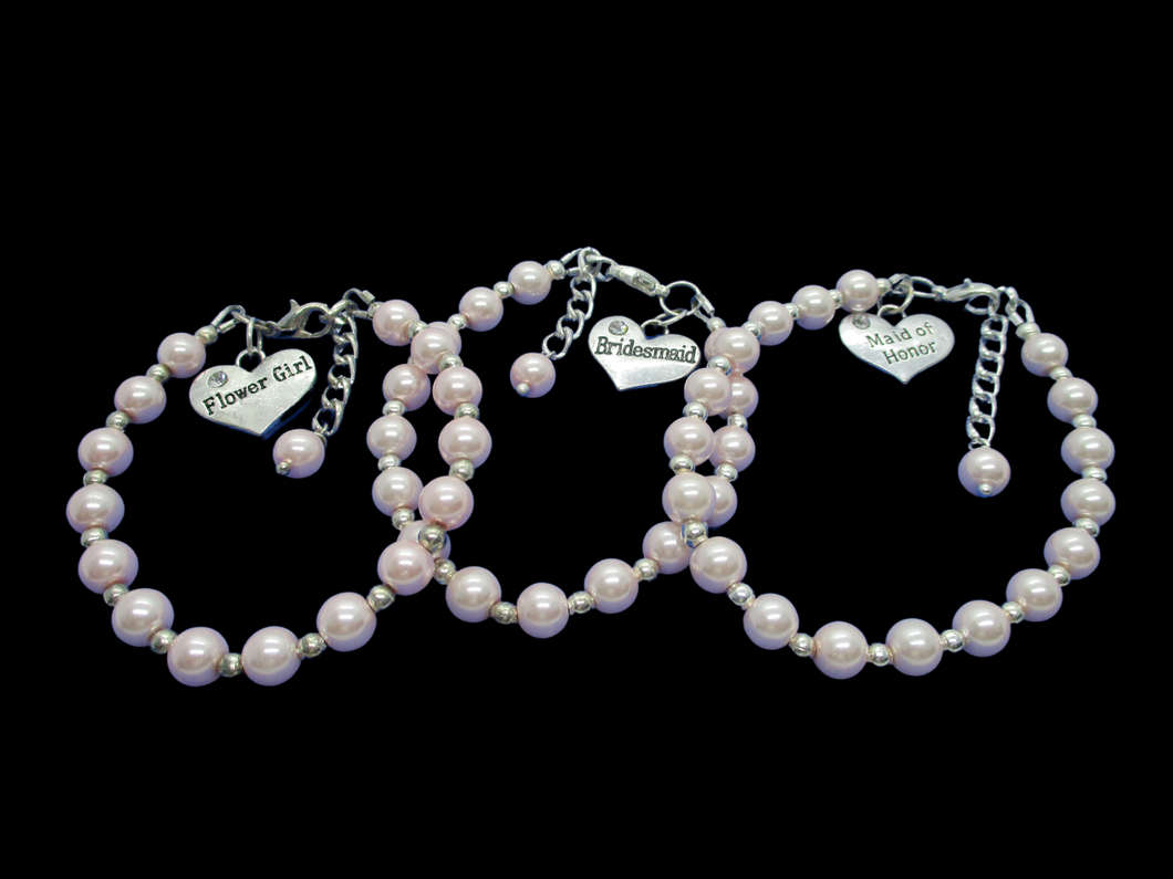 A set of 3 handmade silver accented pearl charm bracelets for the Flower Girl, Bridesmaid and Maid of Honor
