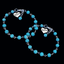 Load image into Gallery viewer, Set of 2 handmade Bridesmaid pave crystal rhinestone charm bracelets - aquamarine blue or custom color - Set of 2 Bridesmaid Bracelets - Bridesmaid Bracelet
