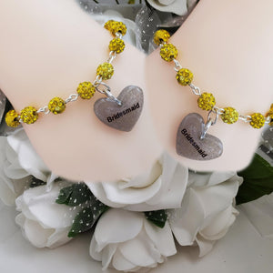 Set of 2 handmade Bridesmaid pave crystal rhinestone charm bracelets - citrine (yellow) or custom color - Set of 2 Bridesmaid Bracelets - Bridesmaid Bracelet