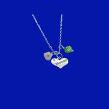 Load image into Gallery viewer, mommy handmade monogram crystal drop necklace, peridot (green) or custom color