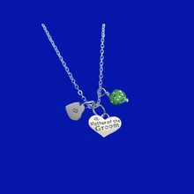 Load image into Gallery viewer, Mother of the Groom monogram crystal charm necklace, peridot (green) or custom color
