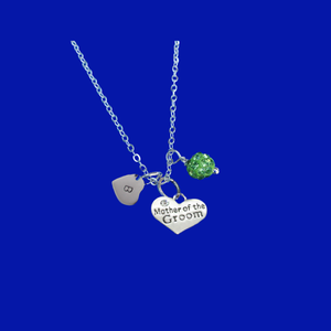 Mother of the Groom monogram crystal charm necklace, peridot (green) or custom color