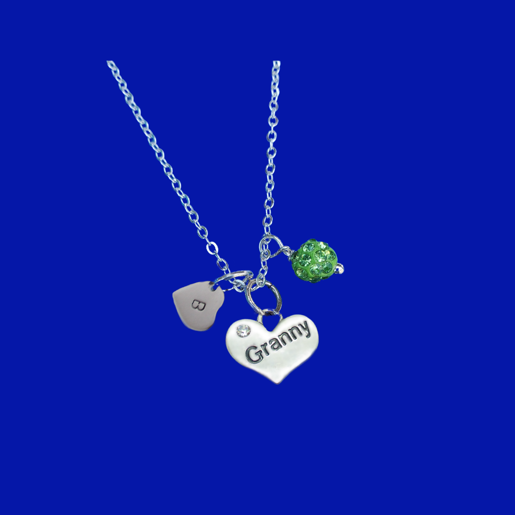 handmade monogram granny crystal drop necklace, peridot (green) or custom color