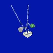 Load image into Gallery viewer, Handmade Monogram Daughter Pave Crystal Drop Necklace, peridot (green) or custom color