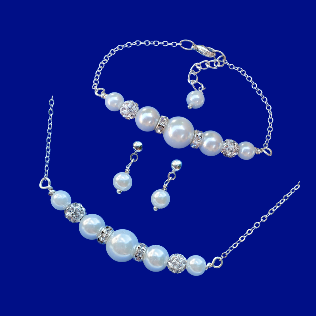 Maid Of Honour Gifts - Jewelry Sets - Necklace Set - handmade pearl and crystal bar necklace accompanied by a matching bar bracelet and a pair of pearl stud earrings, white or custom color