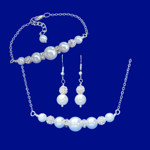 Necklace Set - Jewelry Set - Bridal Party Gifts, pearl and crystal bar necklace accompanied by a matching bar bracelet and a pair of drop earrings, white or custom color