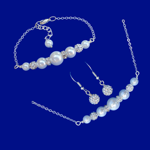 Necklace Set - Bridal Sets - Jewelry Sets - A pearl and crystal bar necklace accompanied by a matching bar bracelet and a pair of crystal earrings. white or custom color