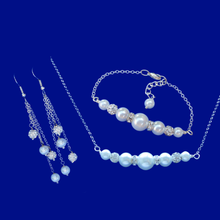 Load image into Gallery viewer, Jewelry Sets - Bridal Sets - Pearl Jewelry Set - A pearl and crystal bar necklace accompanied by a matching bar bracelet and a pair of multi-strand drop earrings.  white or custom color